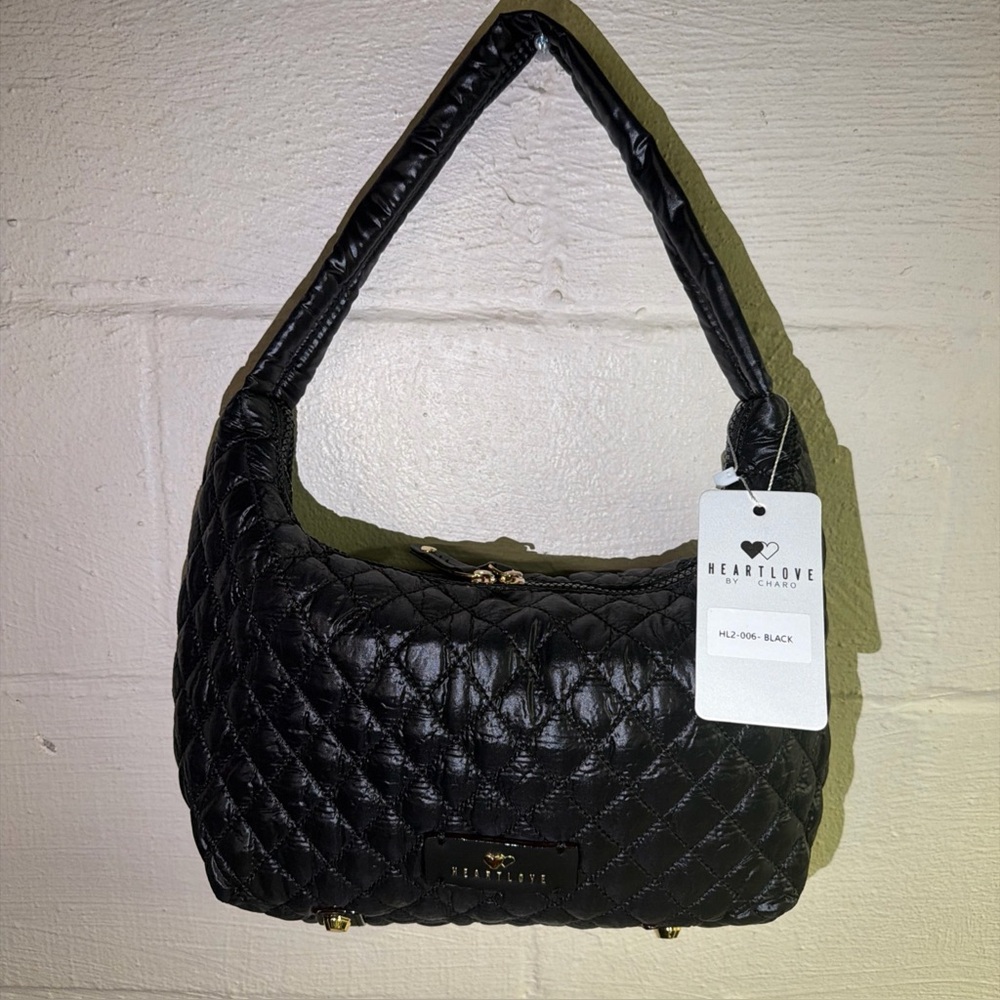 HeartLove by Charo Black Quilted Puffer Hobo Bag Recycled Vegan‎ Leather NWT